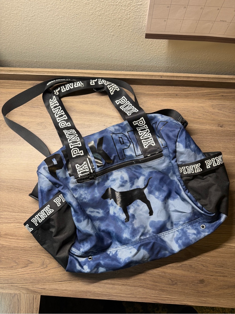 PINK Victoria's Secret Blue Tie-Dye Duffel with Black Logo Straps